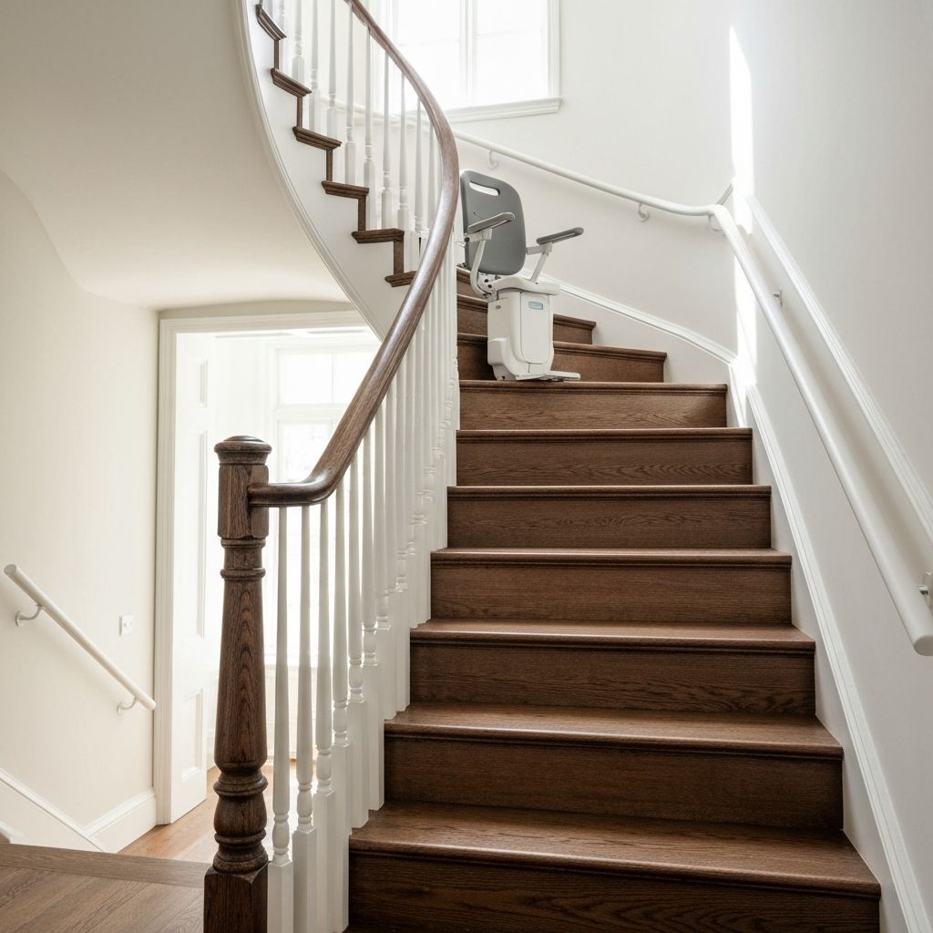 Curved stairlift on a winding staircase with dark wood banister