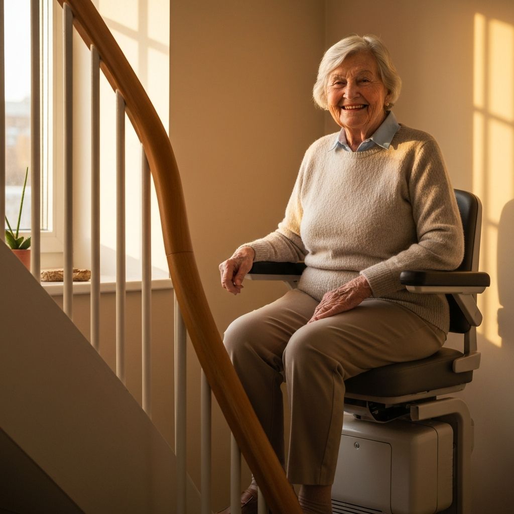 Elderly woman sitting comfortably on a stairlift