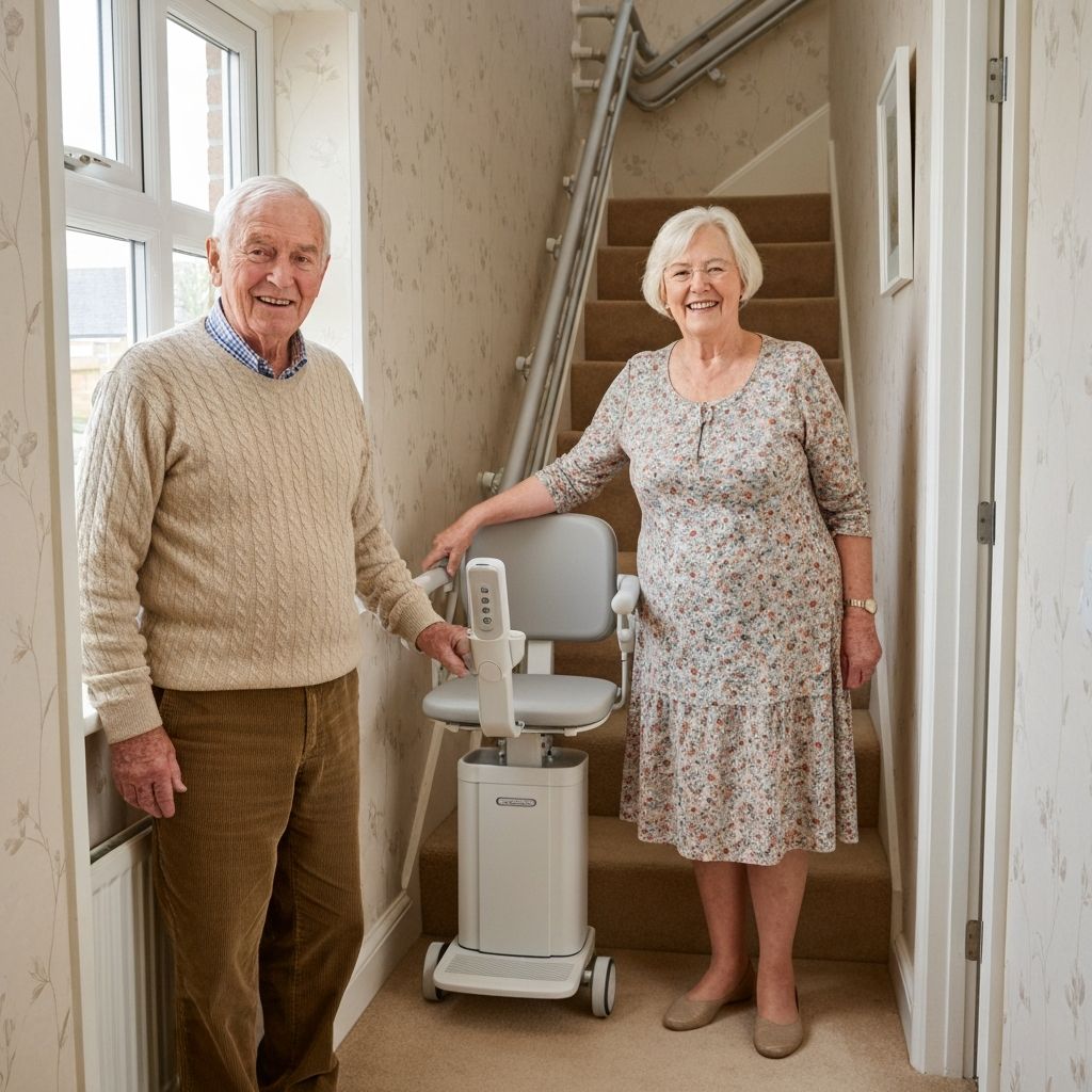 Satisfied elderly couple standing next to their newly installed stairlift
