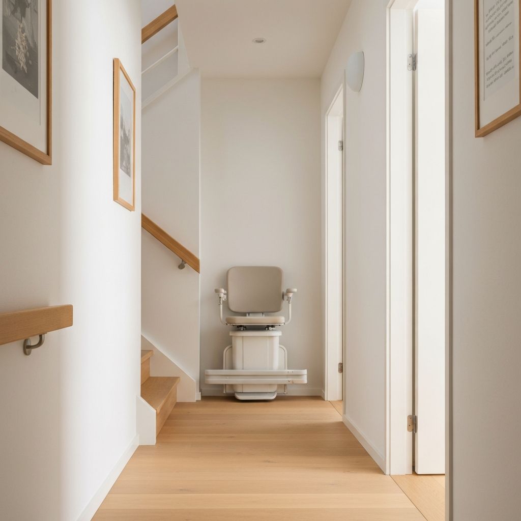Stairlift folded neatly against the wall at the bottom of the stairs